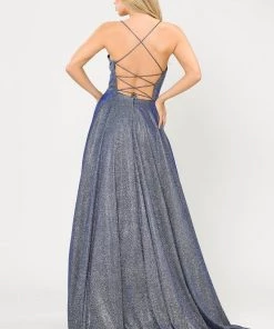Long Iridescent Glitter Dress With Open Corset Back By Poly USA 8574 Prom