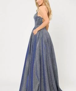 Long Iridescent Glitter Dress With Open Corset Back By Poly USA 8574 Prom
