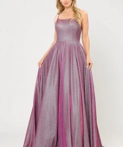Long Iridescent Glitter Dress With Open Corset Back By Poly USA 8574 Prom