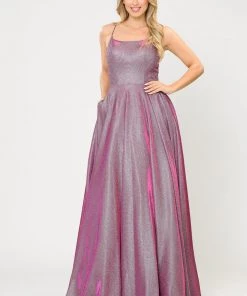 Long Iridescent Glitter Dress With Open Corset Back By Poly USA 8574 Prom
