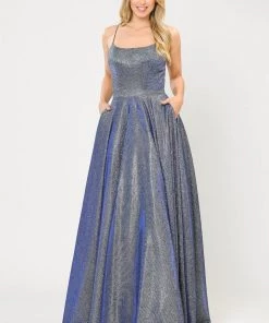 Long Iridescent Glitter Dress With Open Corset Back By Poly USA 8574 Prom