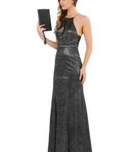 Long Iridescent Glitter High-Neck Dress By Poly USA 8382 Prom