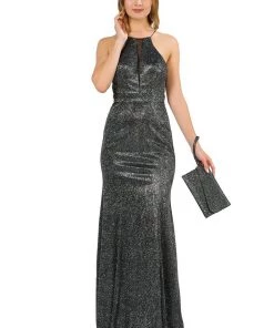 Long Iridescent Glitter High-Neck Dress By Poly USA 8382 Prom