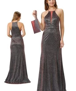 Long Iridescent Glitter High-Neck Dress By Poly USA 8382 Prom