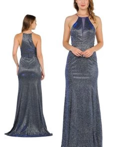 Long Iridescent Glitter High-Neck Dress By Poly USA 8382 Prom