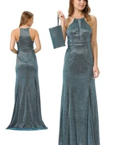 Long Iridescent Glitter High-Neck Dress By Poly USA 8382 Prom