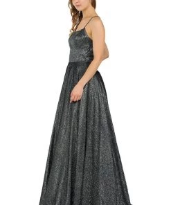 Long Iridescent V-Neck Dress With Open Corset Back By Poly USA 8470