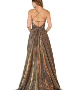 Long Iridescent V-Neck Dress With Open Corset Back By Poly USA 8470