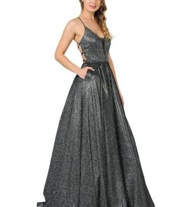 Long Iridescent V-Neck Dress With Open Corset Back By Poly USA 8470