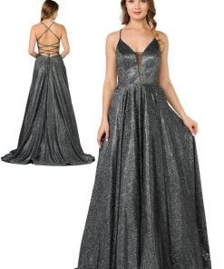 Long Iridescent V-Neck Dress With Open Corset Back By Poly USA 8470