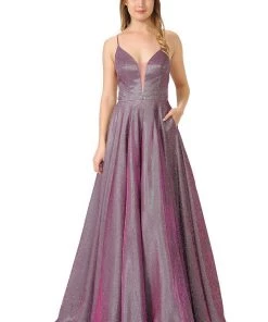 Long Iridescent V-Neck Dress With Open Corset Back By Poly USA 8470