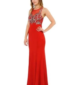 Long Jersey Dress With Sheer Embroidered Bodice By Poly USA 8348 20 Long Jersey Dress With Sheer Embroidered Bodice By Poly USA 8348