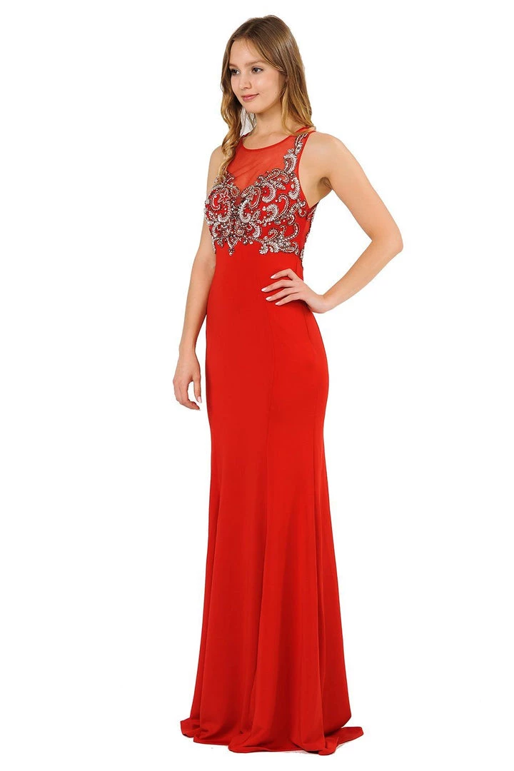 Long Jersey Dress With Sheer Embroidered Bodice By Poly USA 8348 10 Long Jersey Dress With Sheer Embroidered Bodice By Poly USA 8348