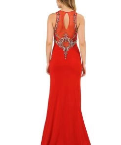 Long Jersey Dress With Sheer Embroidered Bodice By Poly USA 8348 21 Long Jersey Dress With Sheer Embroidered Bodice By Poly USA 8348