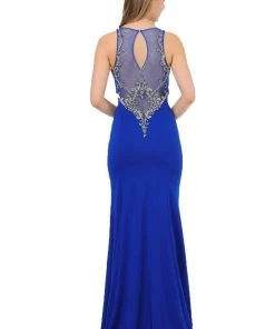 Long Jersey Dress With Sheer Embroidered Bodice By Poly USA 8348 18 Long Jersey Dress With Sheer Embroidered Bodice By Poly USA 8348