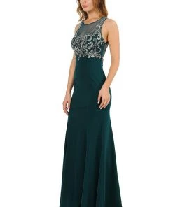 Long Jersey Dress With Sheer Embroidered Bodice By Poly USA 8348 14 Long Jersey Dress With Sheer Embroidered Bodice By Poly USA 8348