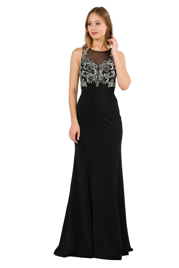 Long Jersey Dress With Sheer Embroidered Bodice By Poly USA 8348 12 Long Jersey Dress With Sheer Embroidered Bodice By Poly USA 8348