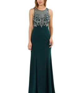 Long Jersey Dress With Sheer Embroidered Bodice By Poly USA 8348