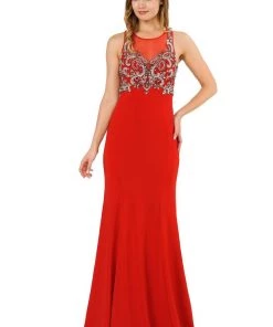 Long Jersey Dress With Sheer Embroidered Bodice By Poly USA 8348 19 Long Jersey Dress With Sheer Embroidered Bodice By Poly USA 8348