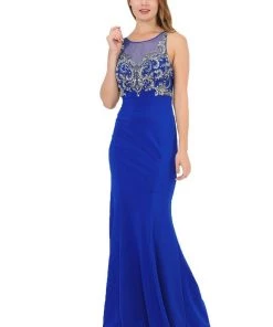 Long Jersey Dress With Sheer Embroidered Bodice By Poly USA 8348 16 Long Jersey Dress With Sheer Embroidered Bodice By Poly USA 8348