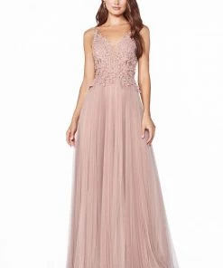 Prom Long Lace Applique A-line Dress By Cinderella Divine CJ536