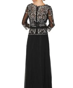 Long Lace Applique Chiffon Dress With 3/4 Sleeves By Juliet 634 10 Long Lace Applique Chiffon Dress With 3/4 Sleeves By Juliet 634