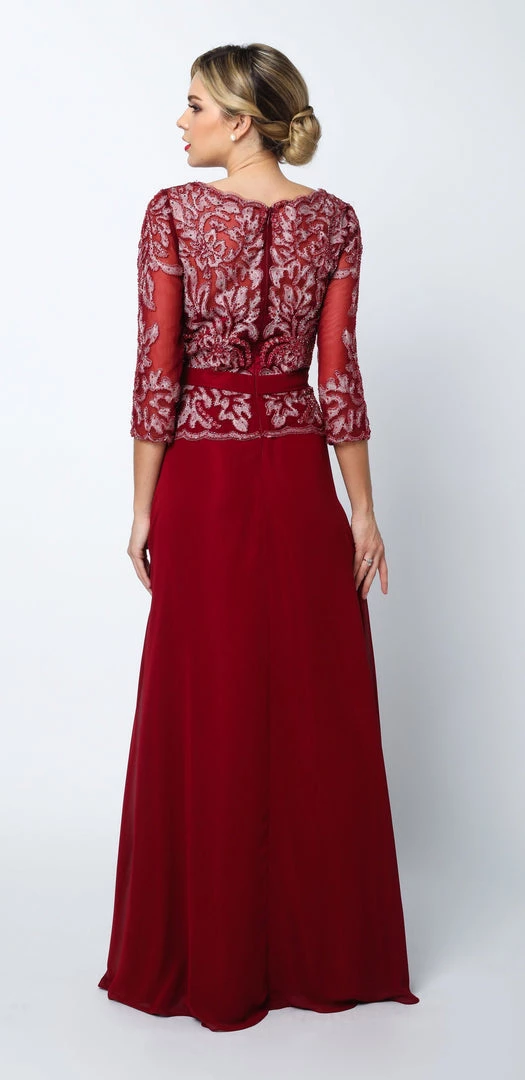 Long Lace Applique Chiffon Dress With 3/4 Sleeves By Juliet 634 4 Long Lace Applique Chiffon Dress With 3/4 Sleeves By Juliet 634