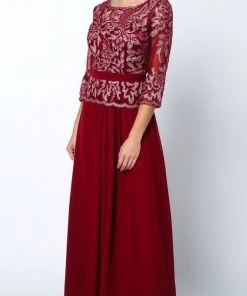 Long Lace Applique Chiffon Dress With 3/4 Sleeves By Juliet 634
