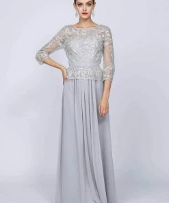 Long Lace Applique Chiffon Dress With 3/4 Sleeves By Juliet 634 11 Long Lace Applique Chiffon Dress With 3/4 Sleeves By Juliet 634