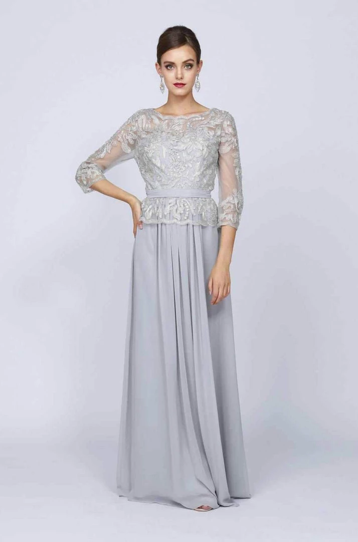 Long Lace Applique Chiffon Dress With 3/4 Sleeves By Juliet 634 7 Long Lace Applique Chiffon Dress With 3/4 Sleeves By Juliet 634