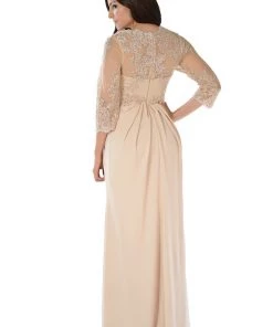 Long Lace Applique Pleated Dress With Sleeves By Poly USA