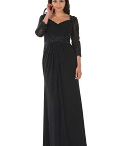 Long Lace Applique Pleated Dress With Sleeves By Poly USA
