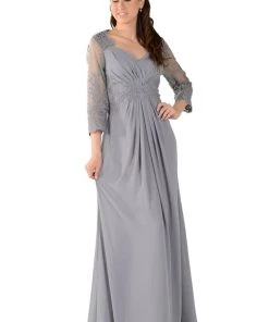 Long Lace Applique Pleated Dress With Sleeves By Poly USA