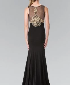 Long Lace Appliqued Dress With Sheer Bodice By Elizabeth K GL2230 Prom
