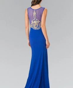 Long Lace Appliqued Dress With Sheer Bodice By Elizabeth K GL2230 Prom