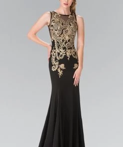 Long Lace Appliqued Dress With Sheer Bodice By Elizabeth K GL2230 Prom
