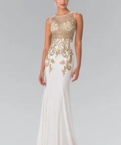 Long Lace Appliqued Dress With Sheer Bodice By Elizabeth K GL2230 Prom