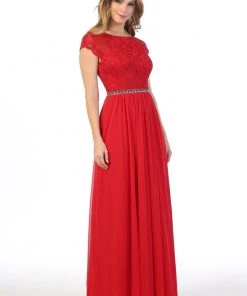 Prom Long Lace Bodice A-line Dress With Short Sleeves By Celavie 6394L