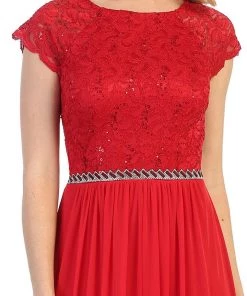 Prom Long Lace Bodice A-line Dress With Short Sleeves By Celavie 6394L