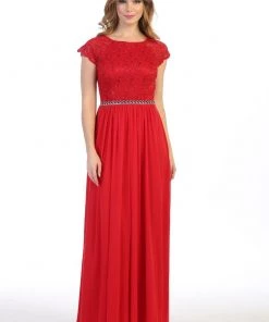 Prom Long Lace Bodice A-line Dress With Short Sleeves By Celavie 6394L