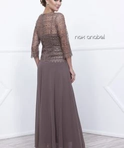 Long Lace Bodice Dress With 3/4 Sleeves By Nox Anabel 5083