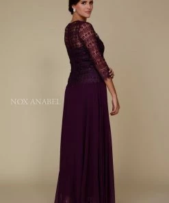 Long Lace Bodice Dress With 3/4 Sleeves By Nox Anabel 5083
