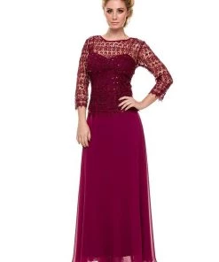 Long Lace Bodice Dress With 3/4 Sleeves By Nox Anabel 5083