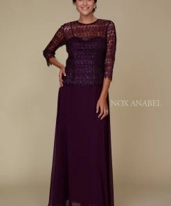 Long Lace Bodice Dress With 3/4 Sleeves By Nox Anabel 5083