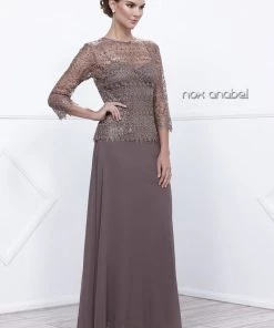 Long Lace Bodice Dress With 3/4 Sleeves By Nox Anabel 5083