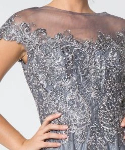 Long Lace Bodice Dress With Cap Sleeves By Elizabeth K GL2828