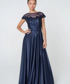 Long Lace Bodice Dress With Cap Sleeves By Elizabeth K GL2828