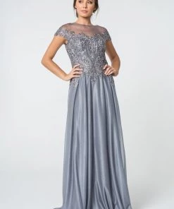 Long Lace Bodice Dress With Cap Sleeves By Elizabeth K GL2828