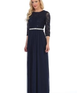 Long Lace Bodice Dress With Long Sleeves By Celavie 6305L