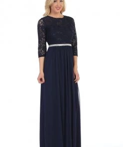 Long Lace Bodice Dress With Long Sleeves By Celavie 6305L